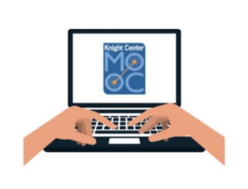 Person typing on laptop that has the KC MOOC logo on the screen