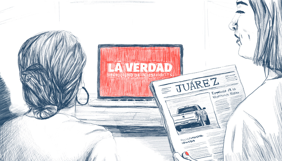 Illustration of someone reading a newspaper that says Juarez at the top and looking at a computer screen that says La Verdad