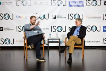The Nieman Lab’s Josh Benton interviews keynote speaker Marty Baron, executive editor of The Washington Post, at ISOJ 2018. (Mary Kang/Knight Center)