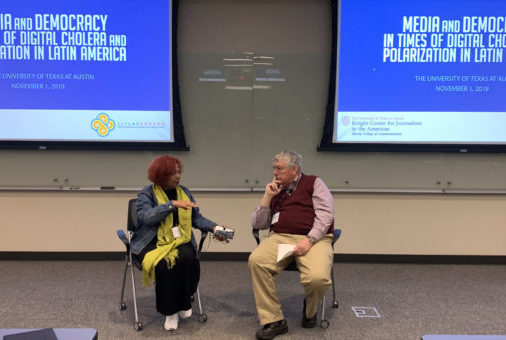 Luz Mely Reyes and Joe Straubaar speak during the event “Media and Democracy in Times of Digital Cholera and Polarization in Latin America.” (Teresa Mioli/Knight Center)