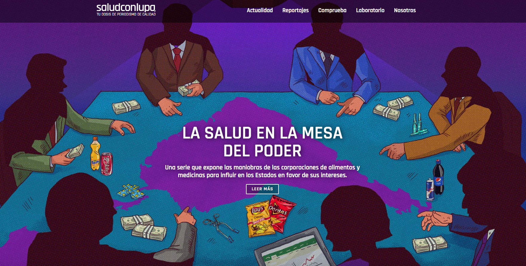 A primeira série de reportagens de Salud con Lupa, focada nas corporações de alimentos e medicamentos. (Captura de tela).