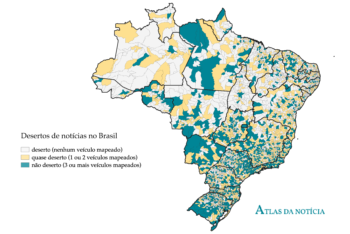 O Atlas da Notícia mostra que 30% dos municípios brasileiros, mostrados em amarelo, são "quase desertos" de notícias. (Cortesia)