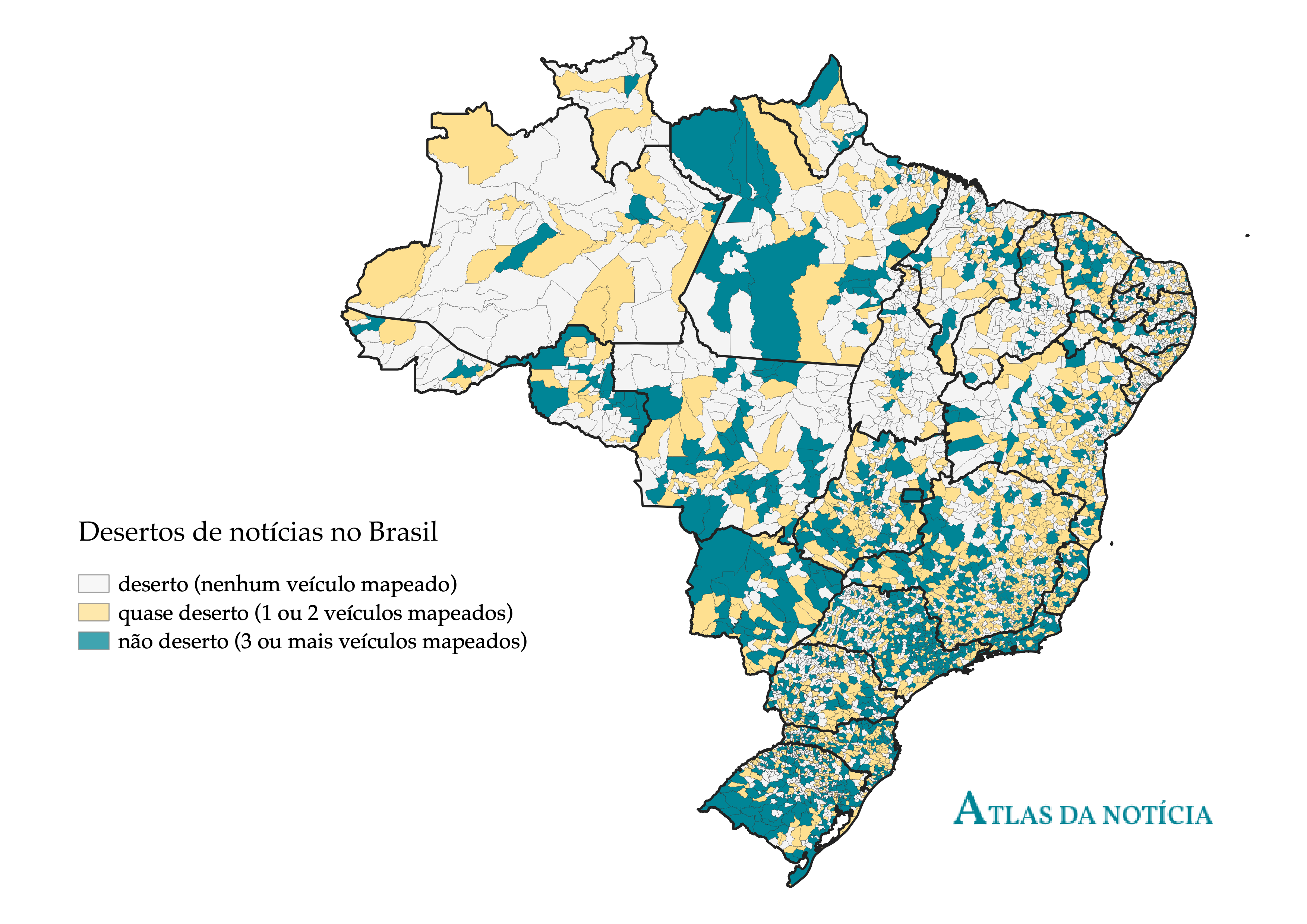 El Atlas de la Noticia muestra que 30% de los municipios brasileños, coloreados de amarillo, son "casi desiertos" de noticias. (Cortesía).