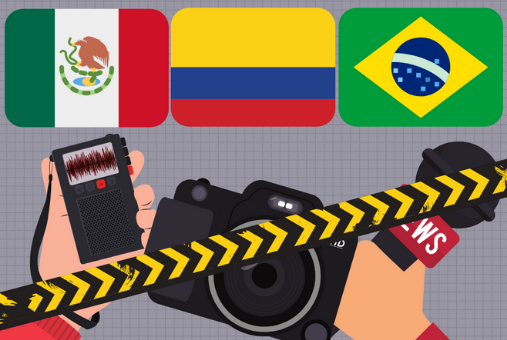Flags of Mexico, Colombia and Brazil and a reporter holding a tape recorder, camera and news microphone