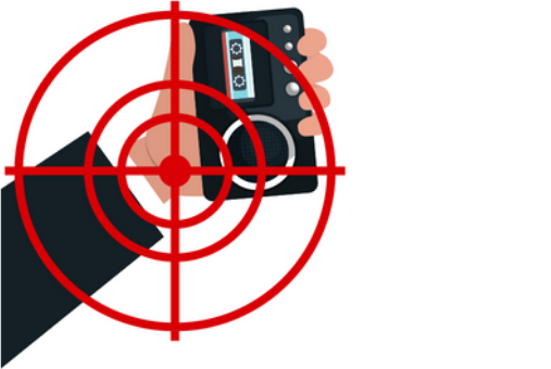 Hand holding a tape recorder with a target overlaid on the illustration
