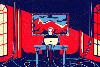 Illustration of Julian Assange at a computer