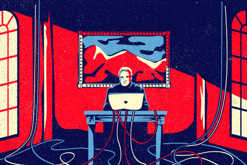 Illustration of Julian Assange at a computer