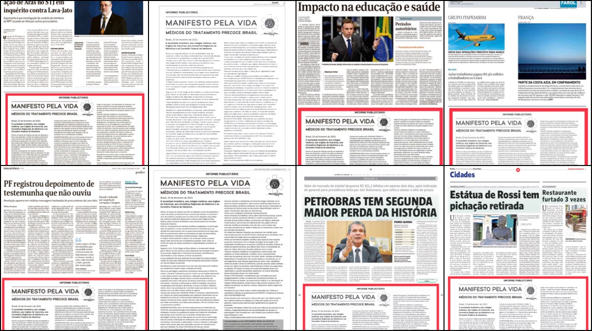 Oito jornais brasileiros publicam informe publicitário com informações falsas sobre o tratamento da COVID-19. Arte: Jeff Nascimento (@jnascim)