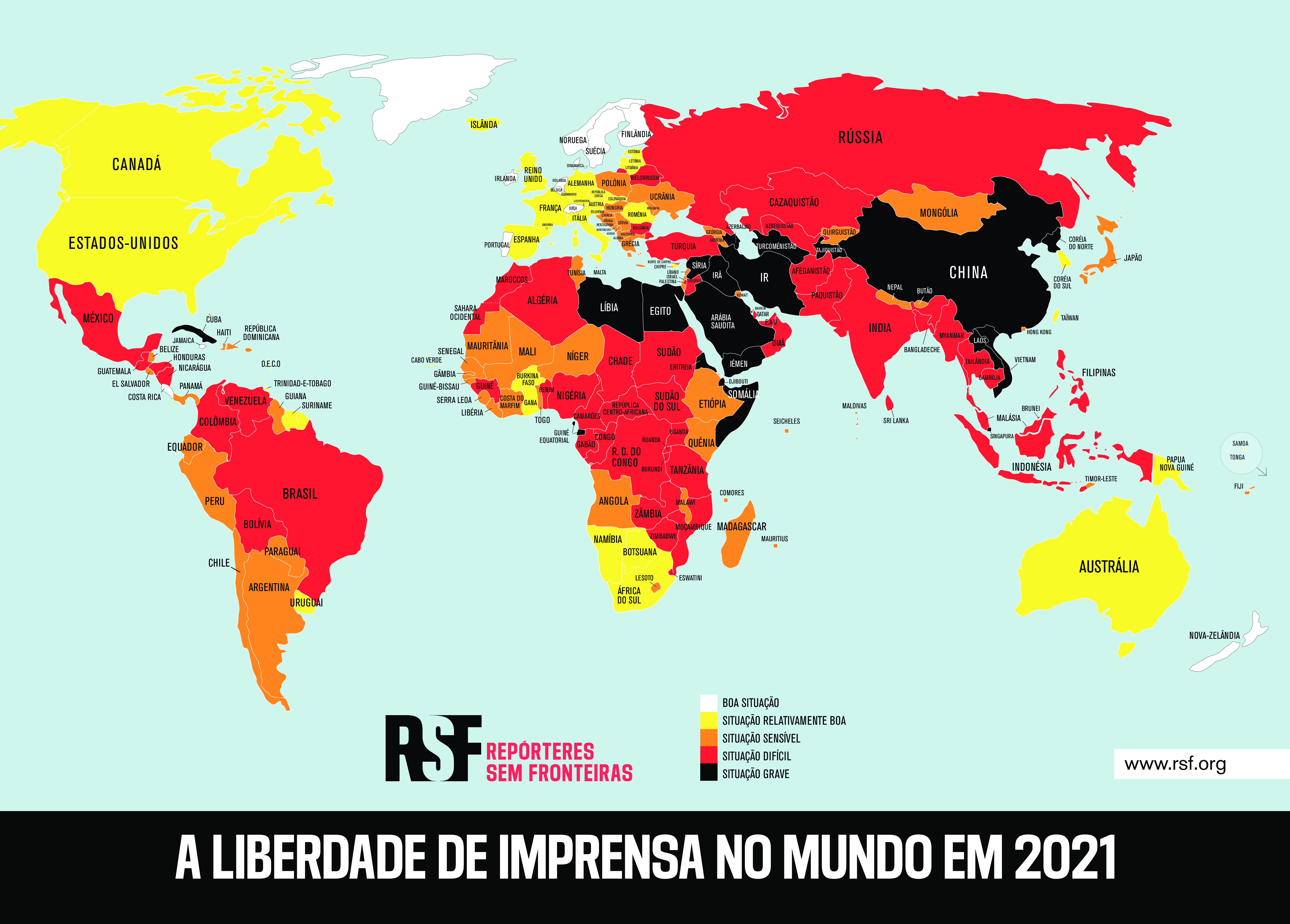 Mapa mostra situação global da liberdade de imprensa. Fonte: RSF
