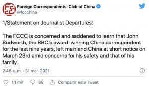 Tweet do Clube de Correspondentes Estrangeiros da China