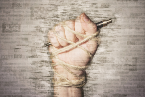 Illustration of a hand wrapped in rope holding a pen