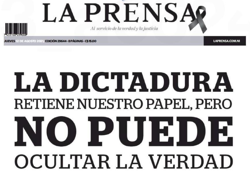 Parte de la portada impresa del diario La Prensa de Nicaragua del 12 de agosto de 2021. (Captura de pantalla)