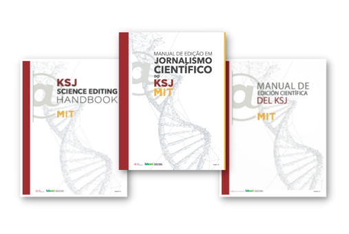 Covers of the KSJ science editing handbooks in English, Spanish and Portuguese