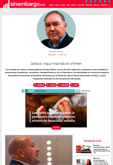 Dos artículos de Ravelo provocaron la reacción del Gobernador de Jalisco. (Foto: Captura de pantalla)