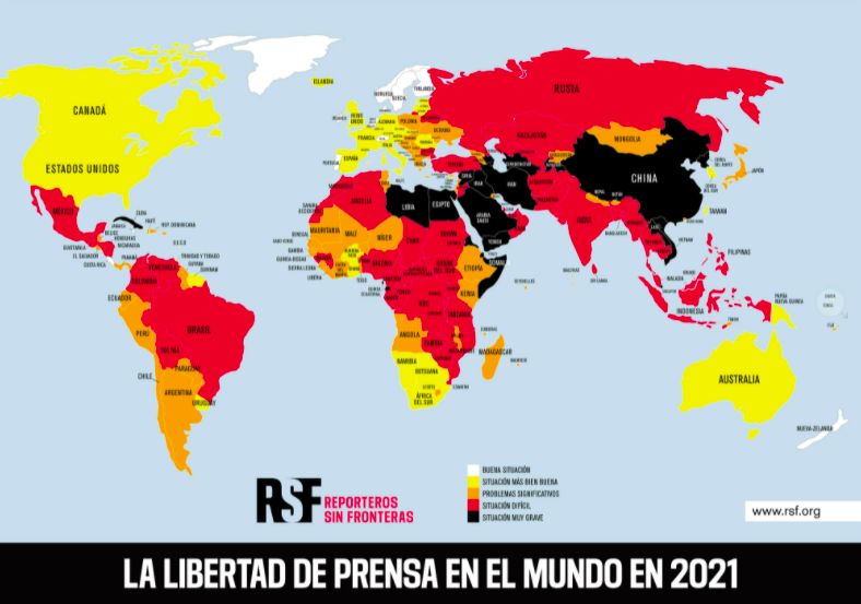 México ocupa el lugar 143 de 180 en la Clasificación Mundial de la Libertad de Prensa 2021 de Reporteros Sin Fronteras. (Foto. Reporteros Sin Fronteras)