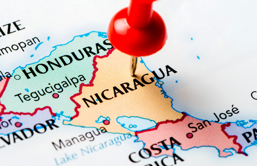 Map of Central America with pin in Nicaragua