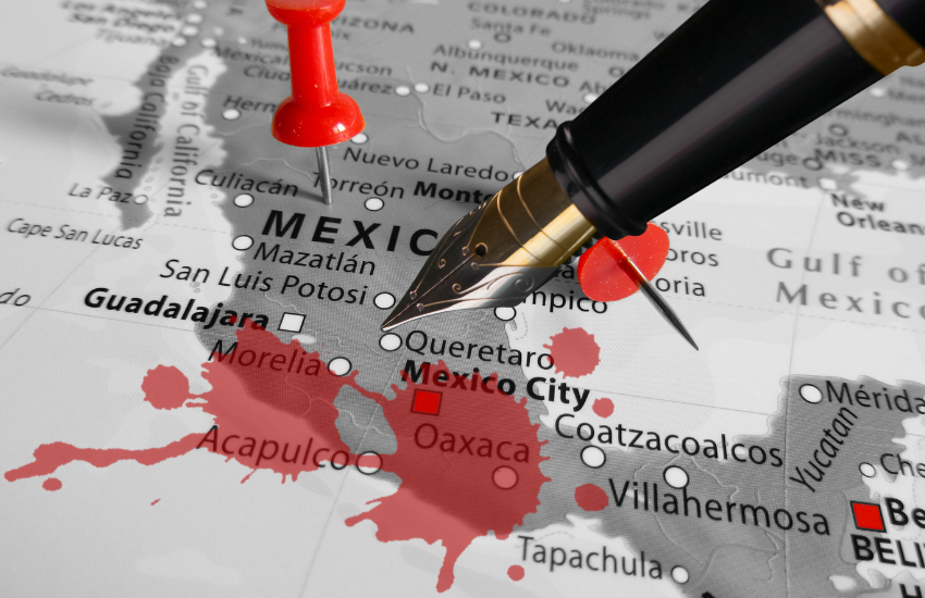 map of Mexico with blood stains and a pen