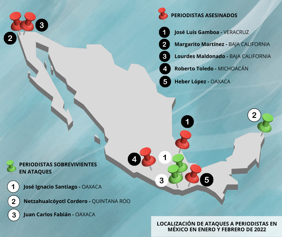 Nomes dos jornalistas que foram vítimas de violência no México nos dois primeiros meses de 2022 e os estados do país em que os eventos ocorreram.