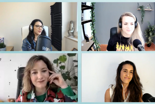 four young women podcasters speaking on microphones in zoom