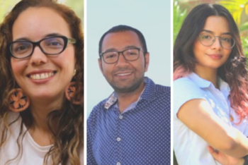 Three young journalists from Colombia in segmented photos, a woman, a man, and a woman, all wearing glasses.