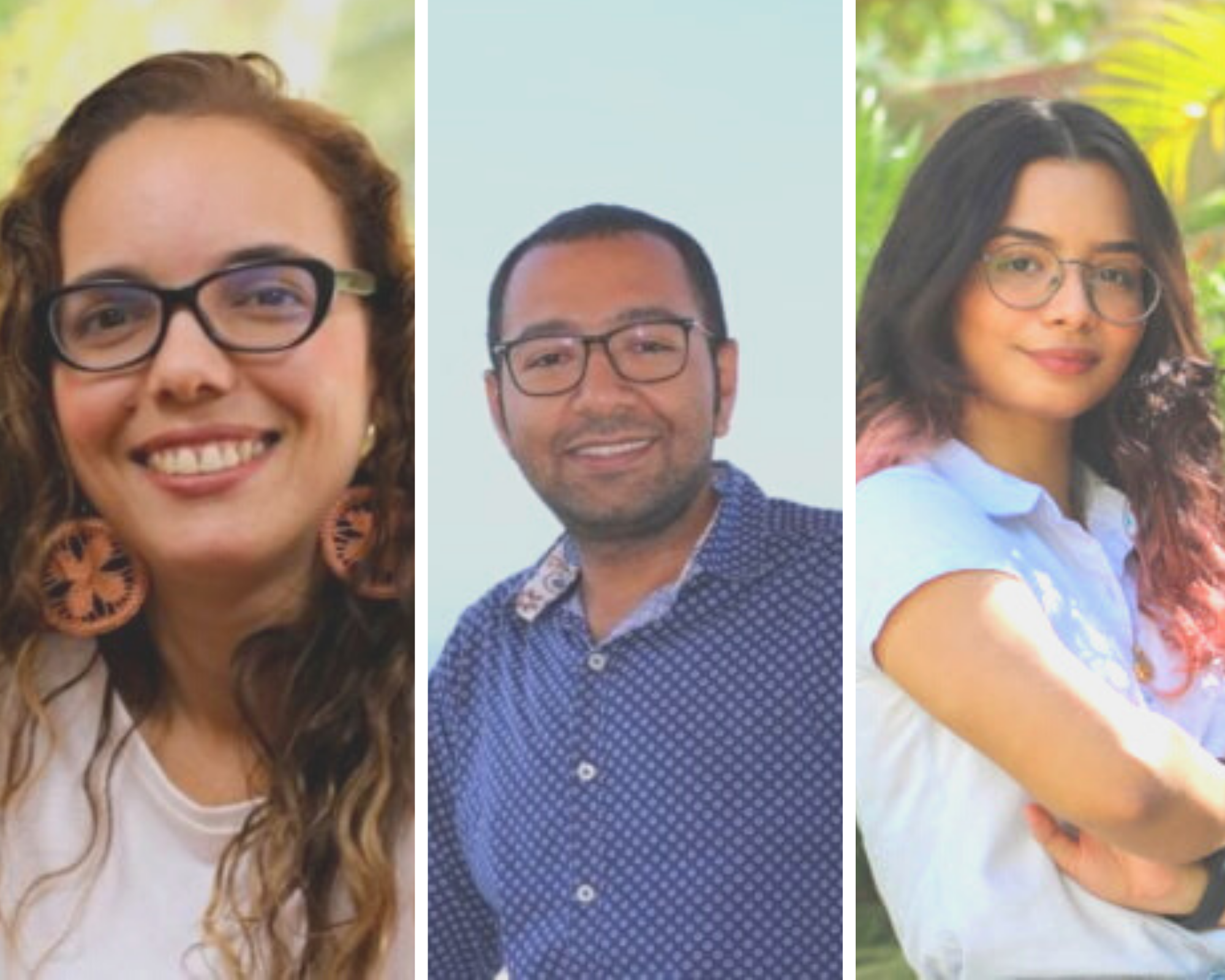 Three young journalists from Colombia in segmented photos, a woman, a man, and a woman, all wearing glasses.