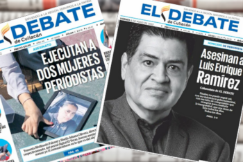 Newspaper front pages show the news of the killings of journalists Yesenia Mollinedo and Luis Enrique Ramírez.