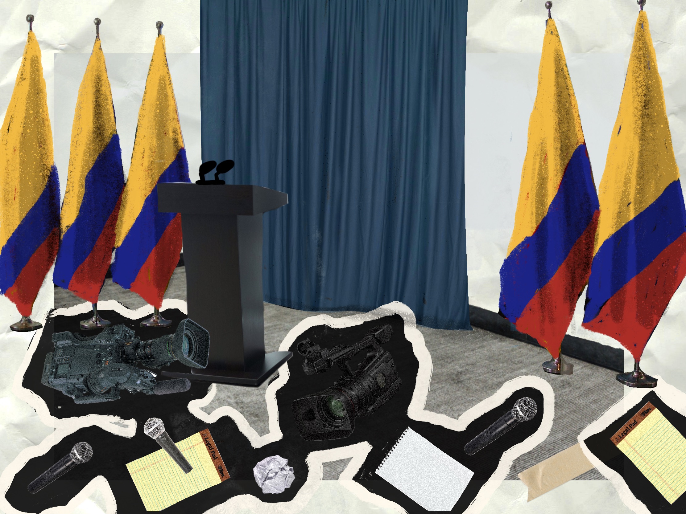 Illustration of the Colombian flag (5 in a row in background) with a journalist's tools, including a microphone, a notebook and a video camera in the foreground.