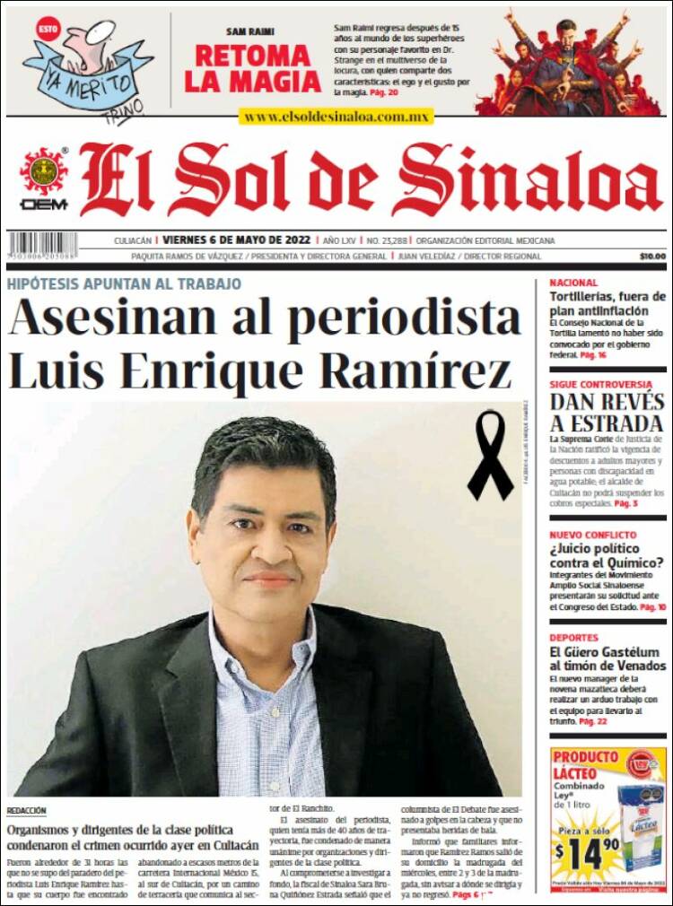 Front page of El Sol de Sinaloa newspaper with the news of the killing of journalist Luis Enrique Ramírez.