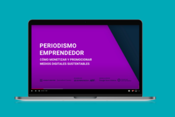 Two banners announcing a course in entrepreneurial journalism in Spanish and in Portuguese