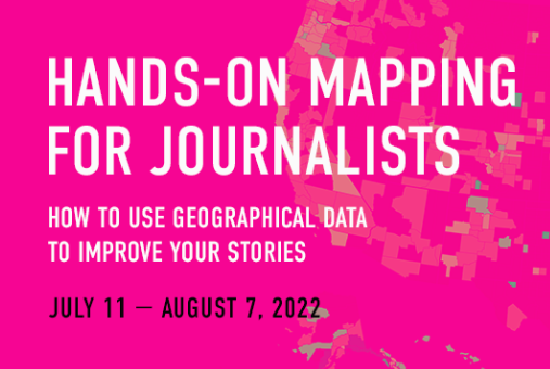 Mapping and journalism course announcement over a hot pink background