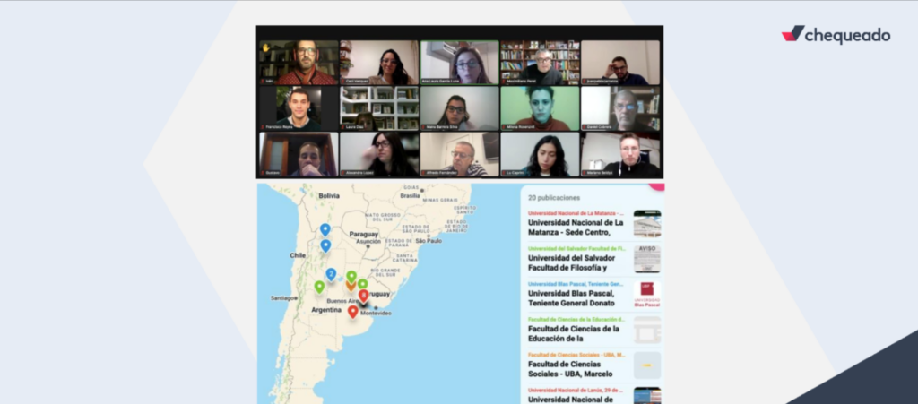 Screen shot of a zoom call with participant faces on top and a map of the tip of South America in the bottom