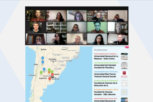 Screen shot of a zoom call with participant faces on top and a map of the tip of South America in the bottom