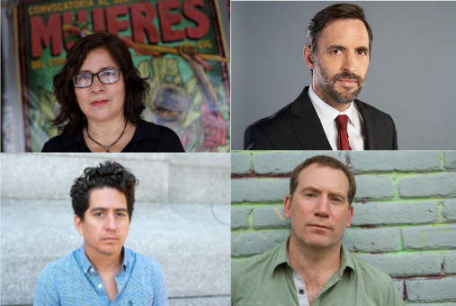 A four photo collage with a woman top left, a man in a suit and tie top right, a man in a blue shirt bottom left and a man in a green shirt bottom right.