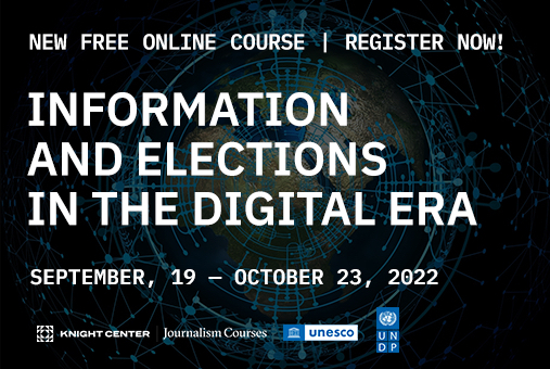 Small banner announcing the course "Information and elections in the digital era" on black background
