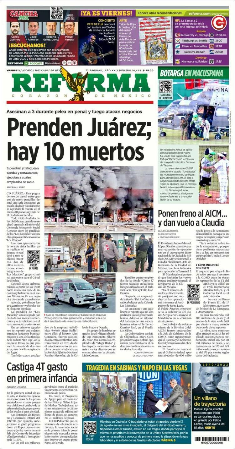 REFORMA newspaper front page August 12