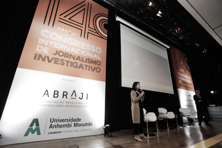 Abraji's president Natalia Mazotte addresses the group’s 14th annual conference in 2019.