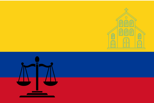 Colombian flag with superimposed drawings of church and justice