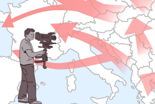 A map with arrows indicating migratory movement and images of journalists covering