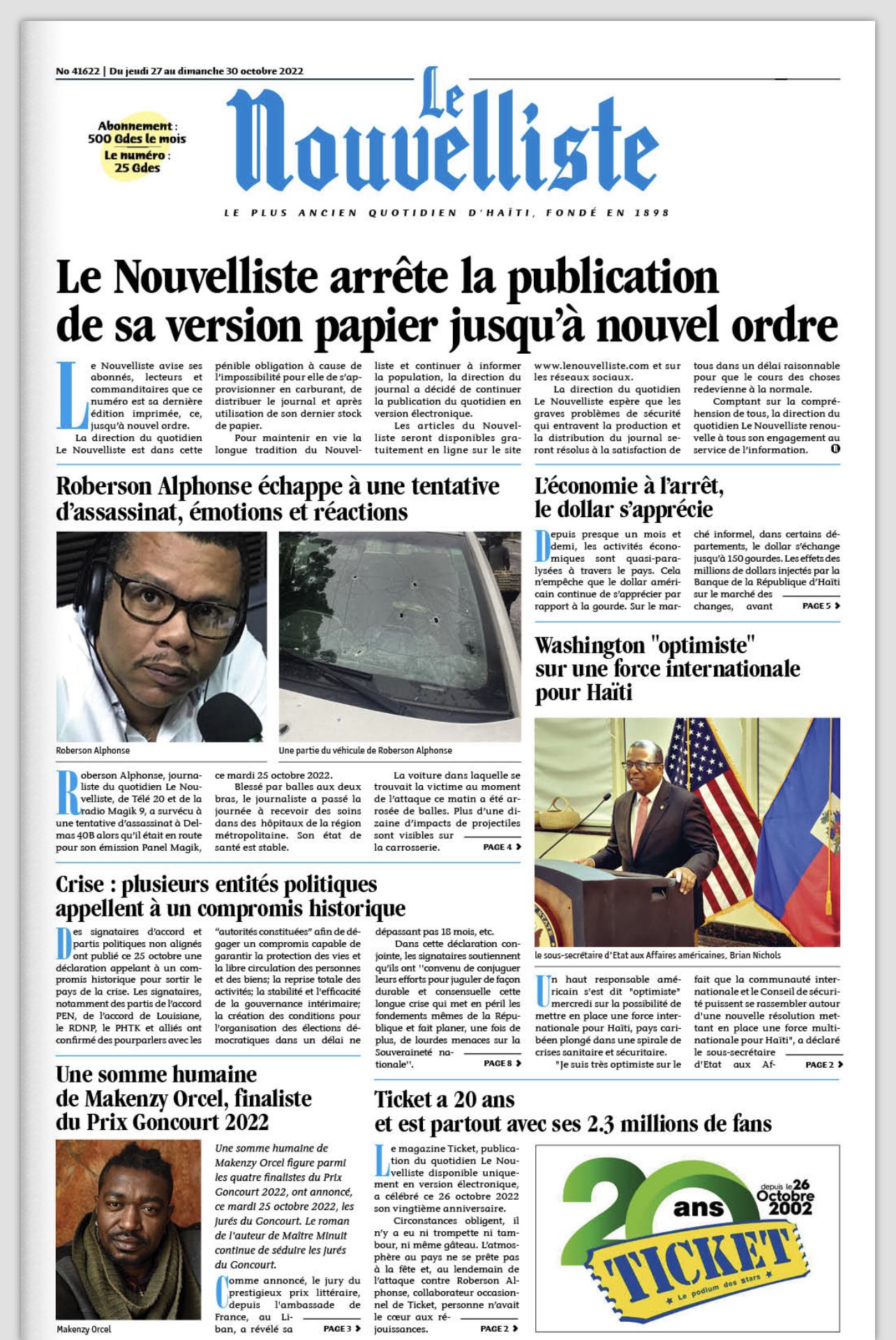 Capa do jornal Hait Le Nouvelliste