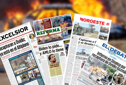 Covers of Mexican newspapers with a background of a car on fire.