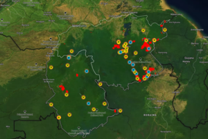 Map of the Amazon region with dots in different colors to show the location of illegal mines in the forest
