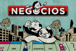 Screenshot of a Monopoly game board in Spanish with the superimposed word "negocios" or business