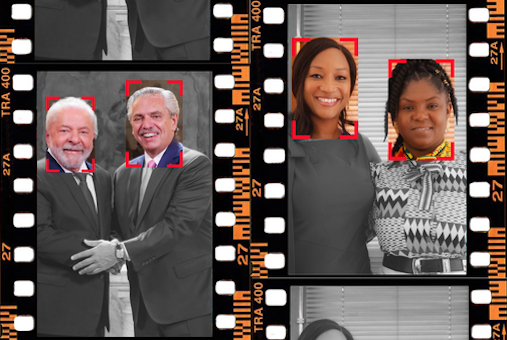 Simulation of a face detector software over the faces of Brazil's president Lula Da Silva; Argentina's president Alberto Fernández; and Colombia's vicepresident Francia Elena Márquez and USAID's Chief Diversity Officer Neneh Diallo