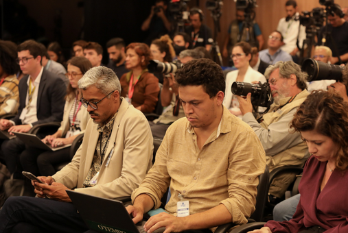 Journalists attending press conference in Brazil's Justice Ministry