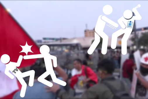 Graphics of journalists being hit with a background of a protest in Peru.