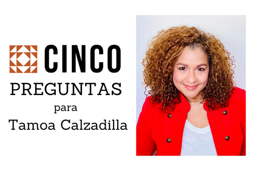 5 questions banner with a picture of a woman with curly hair wearing a red blazer