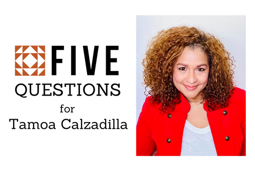 5 questions banner with a picture of a woman with curly hair wearing a red blazer