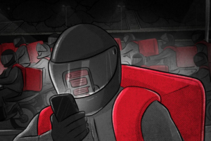 Illustration of an app delivery motorcycle driver with a black helmet and a red backpack