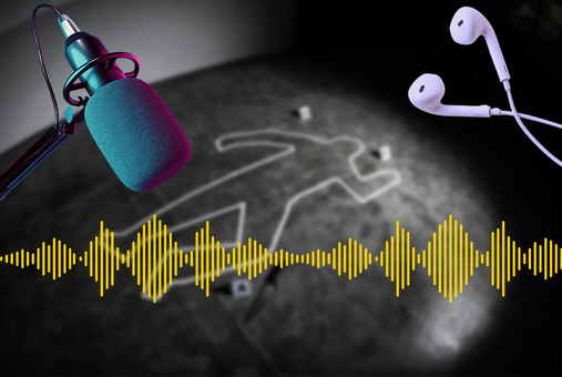 A microphone, headphones and sound waves over a background of a crime scene.