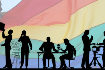 lgbtq flag in the background and graphics of journalists up front